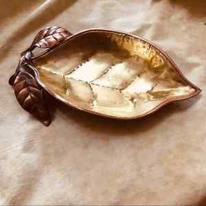 Brass with Copper trim leaf shaped dish for decor or serving. Heavy 9”x 5”